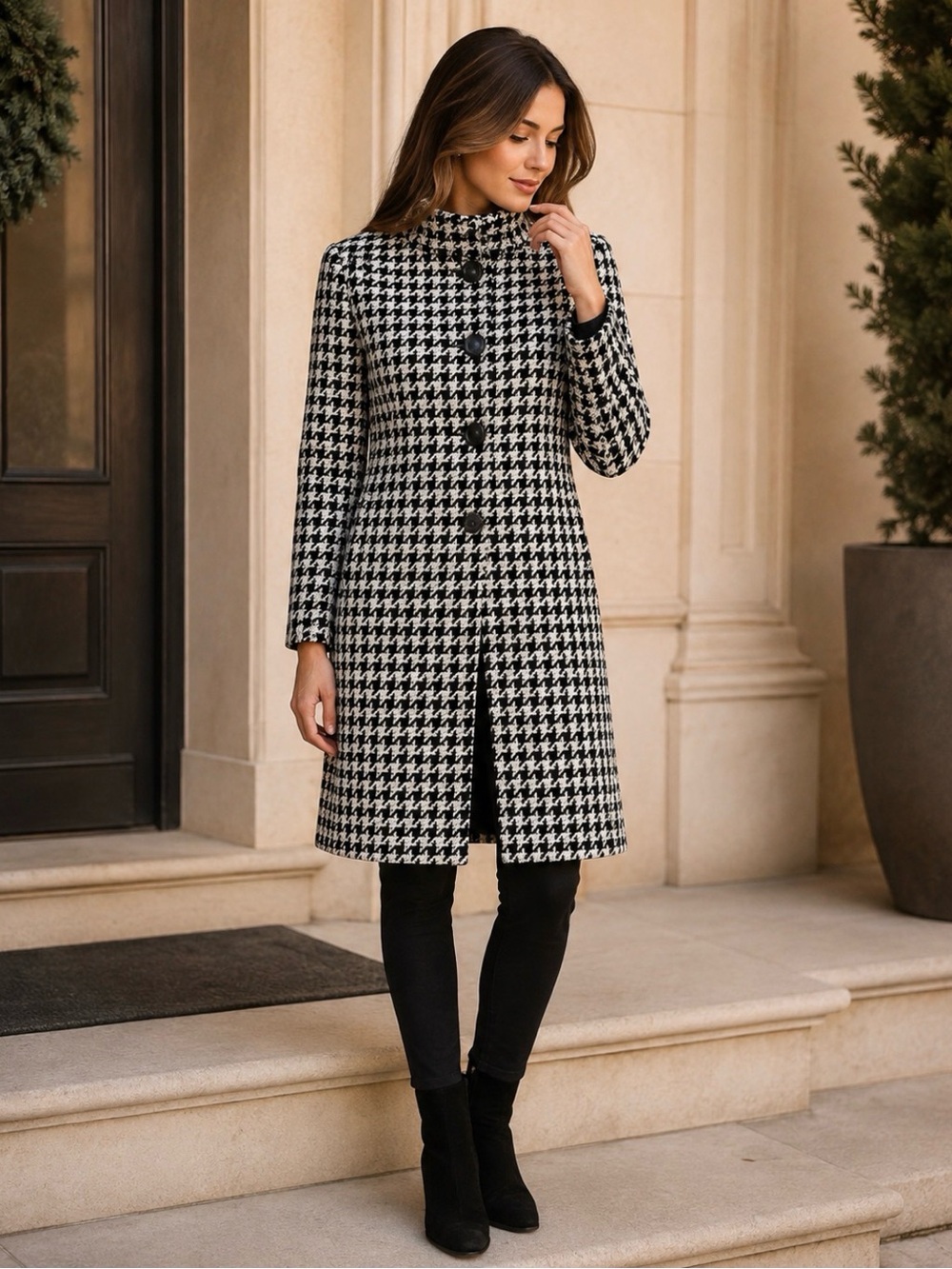 Focus 2000 Black Ivory Houndstooth Long Coat Size 4 Tailored